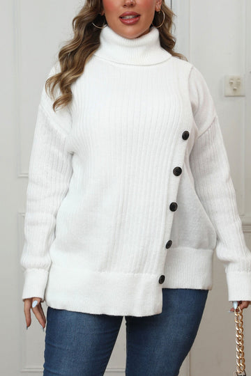Woochic pull grande taille femme col roulé boutons irréguliers blanc XL